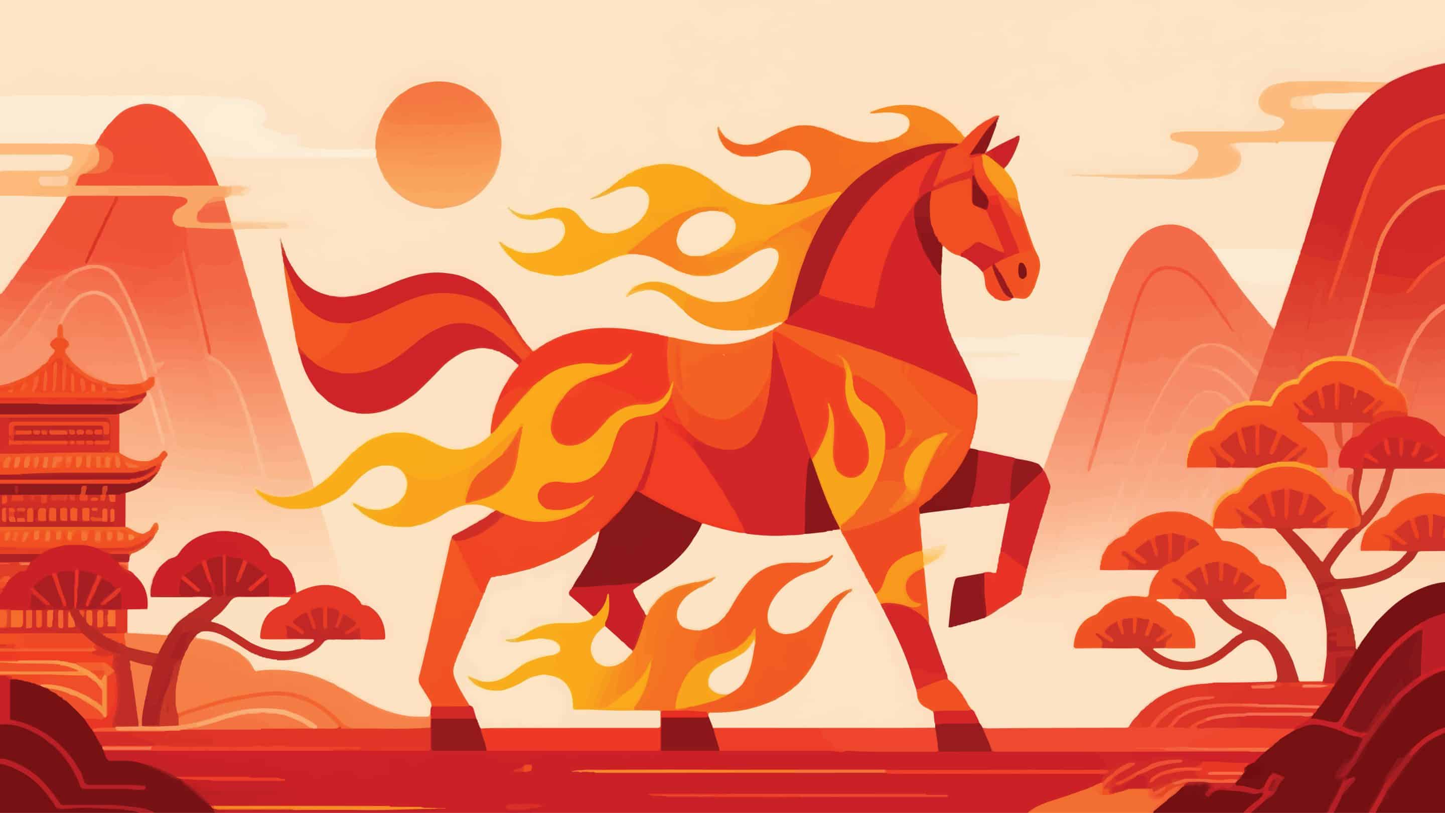 Illustration Of Fire Horse In Traditional Chinese Landscape, Festive Fire Element Vector Design Template